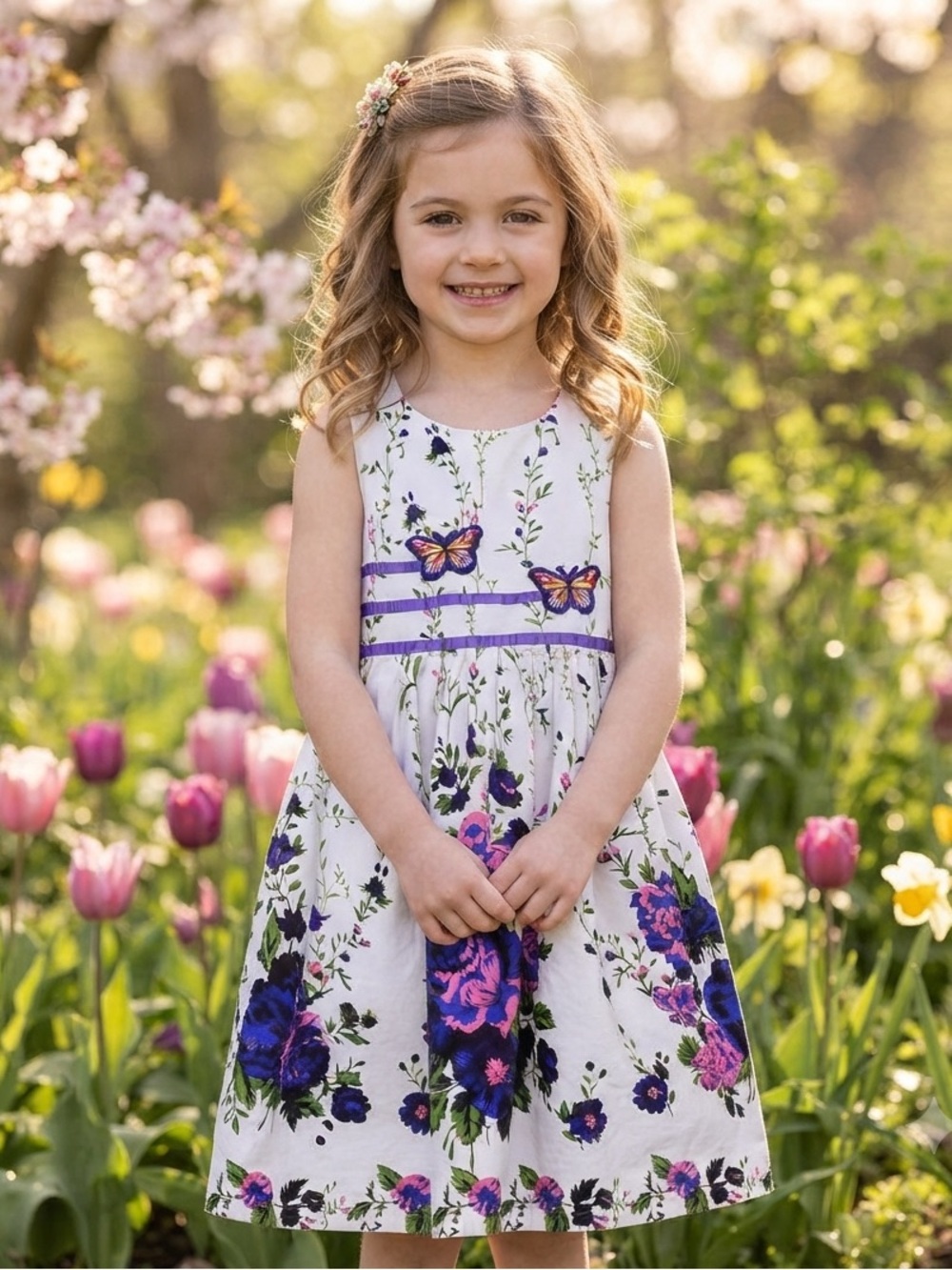 White slightly Used Sunny Fashion Girls Flower & Butterfly Dress